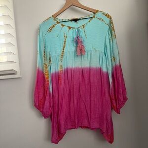 John Mark 1X Pink Blue Tie Dye Tunic Blouse Relaxed Tassel Boho Peasant